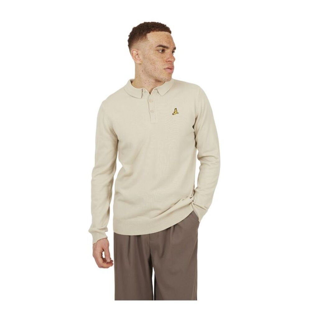 Brave Soul Mens Knitted Ribbed Collar Long-Sleeved Polo Shirt / Off White